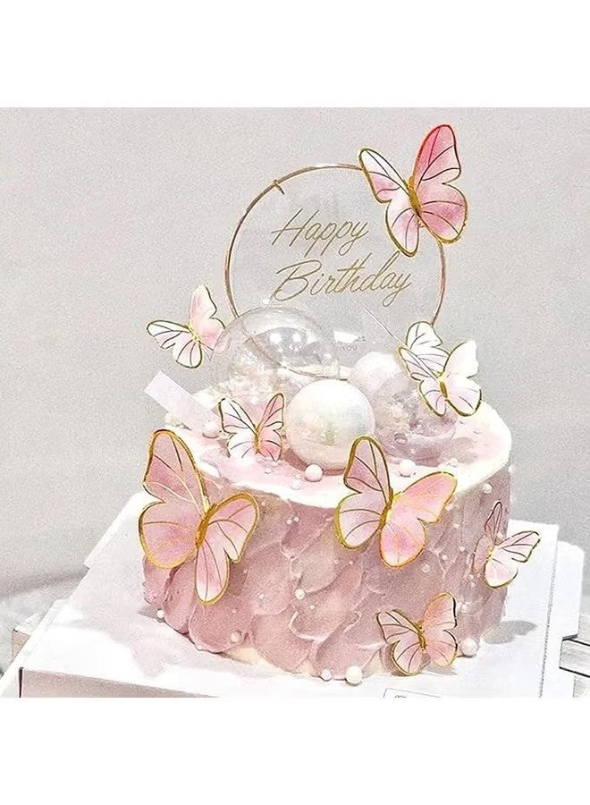 11 Pcs Pink Butterfly Cake Toppers Decorations, Mounted Cupcake Decorations, Happy Birthday Metallic Gold Decorations, Butterfly Party Supplies for Decorating Girls Birthdays - Image 1
